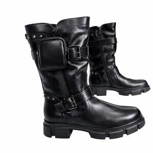 Black Moto Biker Boots Lug Sole Buckle Pocket Mid Calf Women 8.5 Zee Alexis.